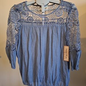 NEW Indigo Rose Delicate Dusty Blue Crochet Women's Top 3/4 Sleeves size Small